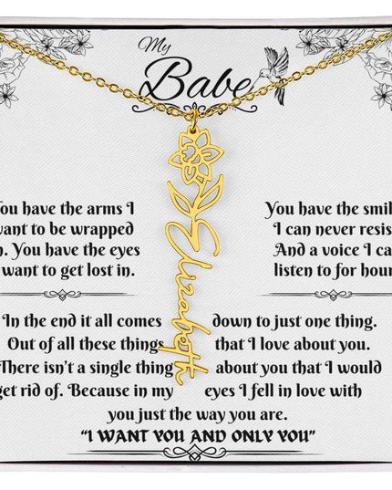 gold flower name necklace in soft box