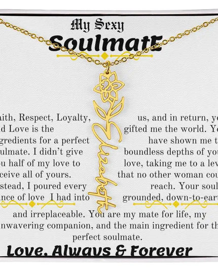 a birth flower name necklace in yellow gold for March.