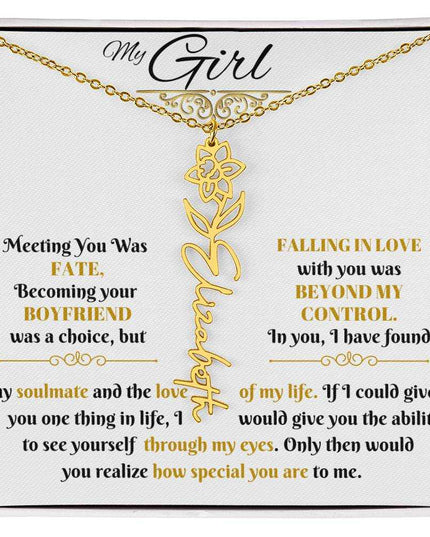gold flower name necklace in soft box