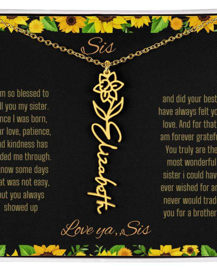 Birth Flower Name Necklace with a yellow gold variant of a flower on a To Sis from Sis message card up close