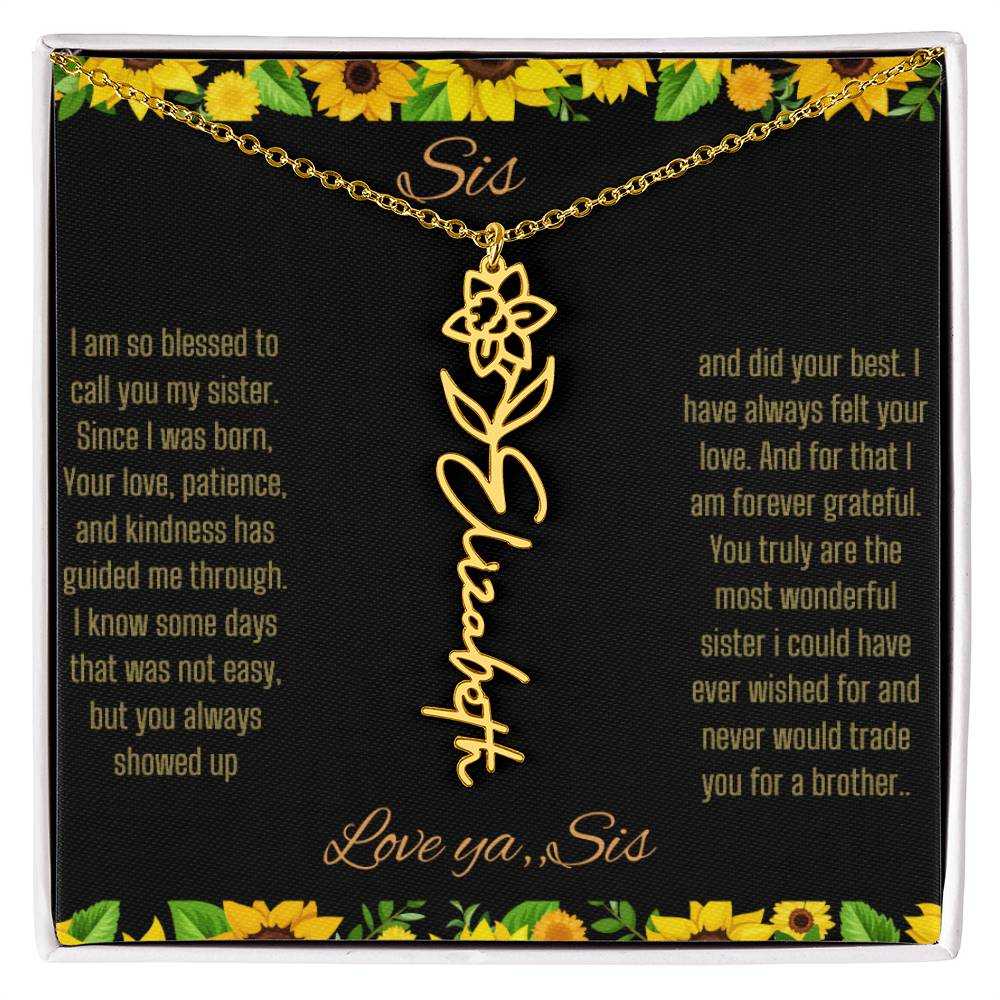 Birth Flower Name Necklace with a yellow gold variant of a flower on a To Sis from Sis message card up close