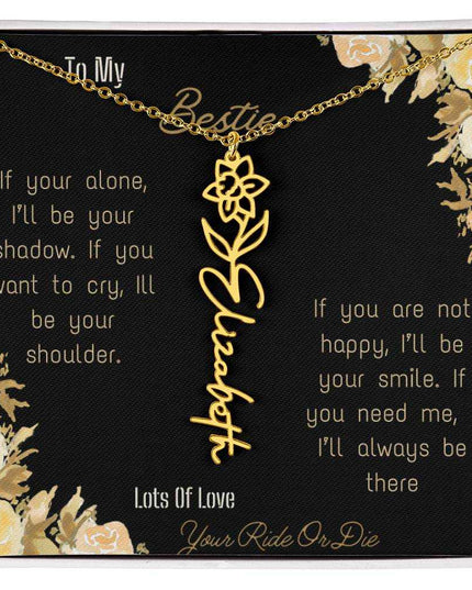 birth flower name necklace with greeting card to bestie in two tone box in yellow gold