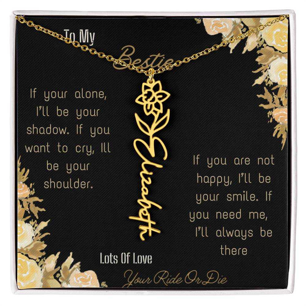 birth flower name necklace with greeting card to bestie in two tone box in yellow gold