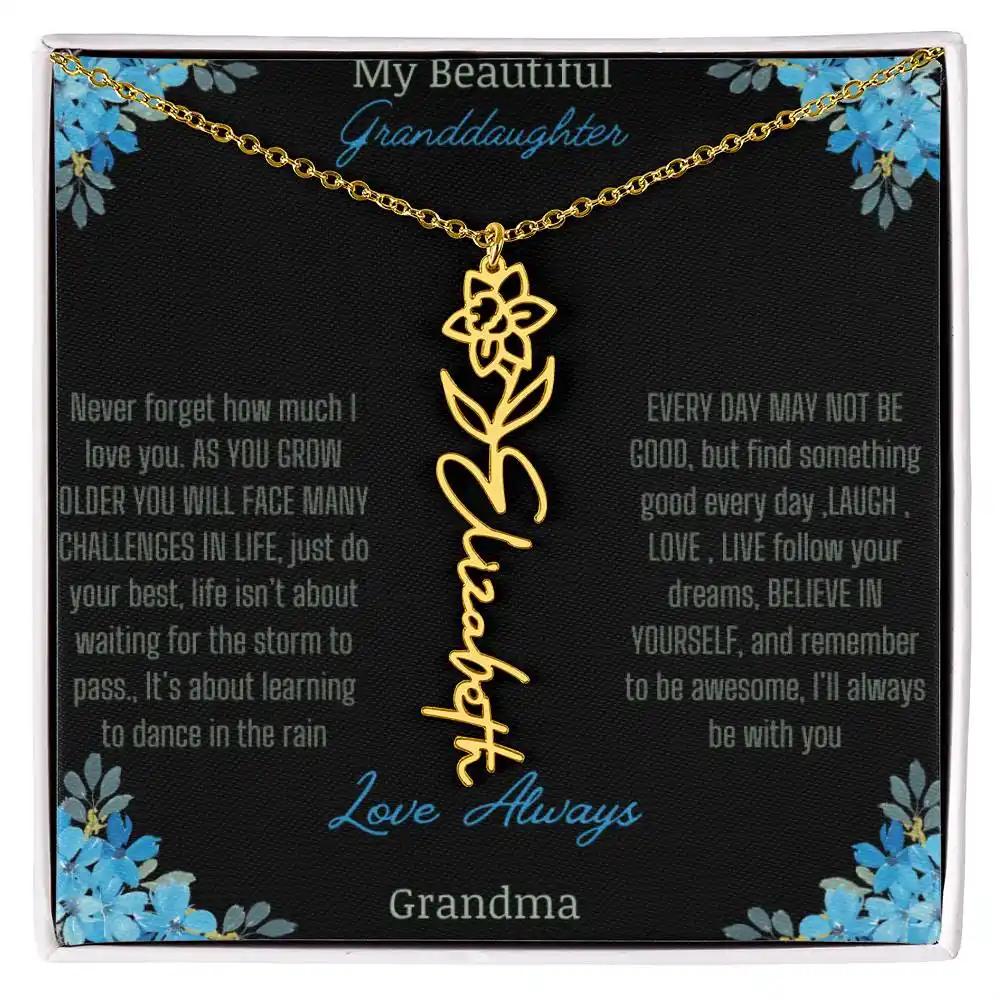 Birth Flower Name Necklace on a to granddaughter from grandma greeting card close up of a