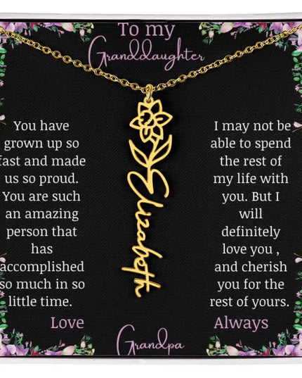 Birth Flower Name Necklace with a to granddaughter from grandpa greeting card and a flower charm.