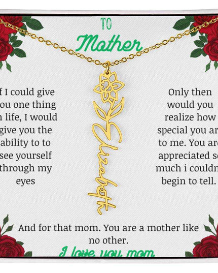 flower name necklace with white gold variant to mother message card in standard box