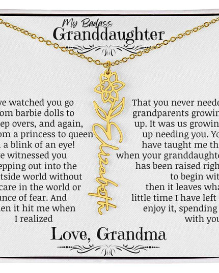 a yellow gold flower name necklace for March.