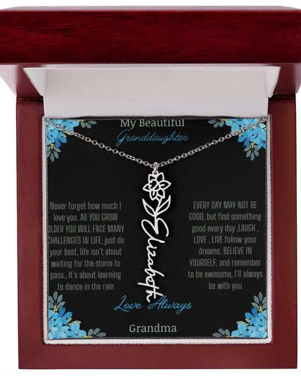 Birth Flower Name Necklace on a to granddaughter from grandma greeting card close up of a