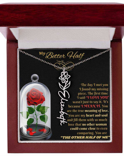 polished stainless steel flower name necklace in luxury box