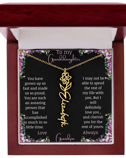Birth Flower Name Necklace with a to granddaughter from grandpa greeting card and a flower charm.