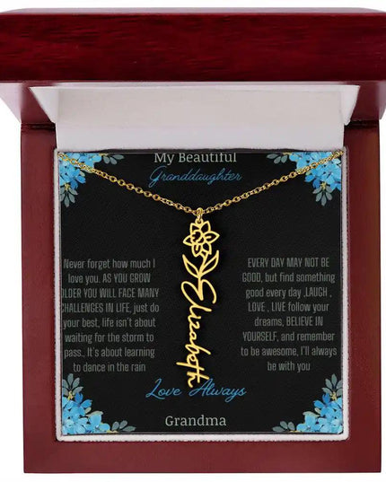 Birth Flower Name Necklace on a to granddaughter from grandma greeting card close up of a