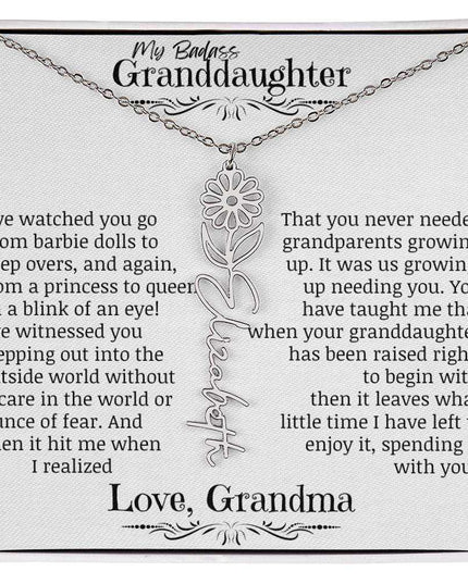 a polished stainless-steel flower name necklace for April.