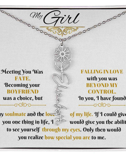 polished stainless-steel flower name necklace in soft box