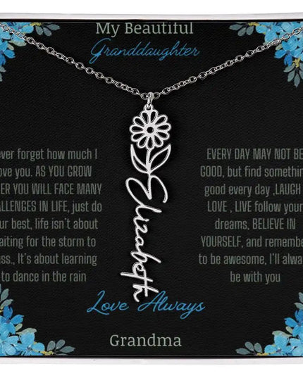Birth Flower Name Necklace on a to granddaughter from grandma greeting card close up of a