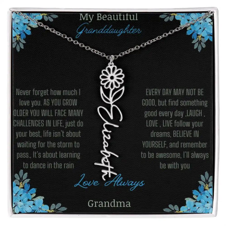 Birth Flower Name Necklace on a to granddaughter from grandma greeting card close up of a