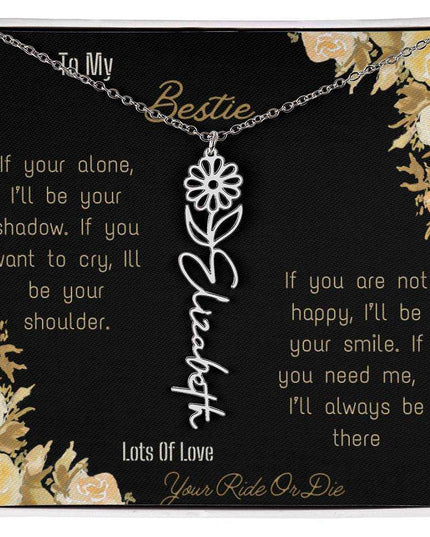 birth flower name necklace with greeting card to bestie in two tone box in polished stainless steel