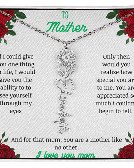 flower name necklace with white gold variant to mother message card in standard box
