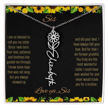 Birth Flower Name Necklace with a polished stainless-steel variant of a flower on a To Sis from Sis message card up close
