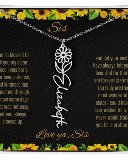 Birth Flower Name Necklace with a polished stainless-steel variant of a flower on a To Sis from Sis message card up close