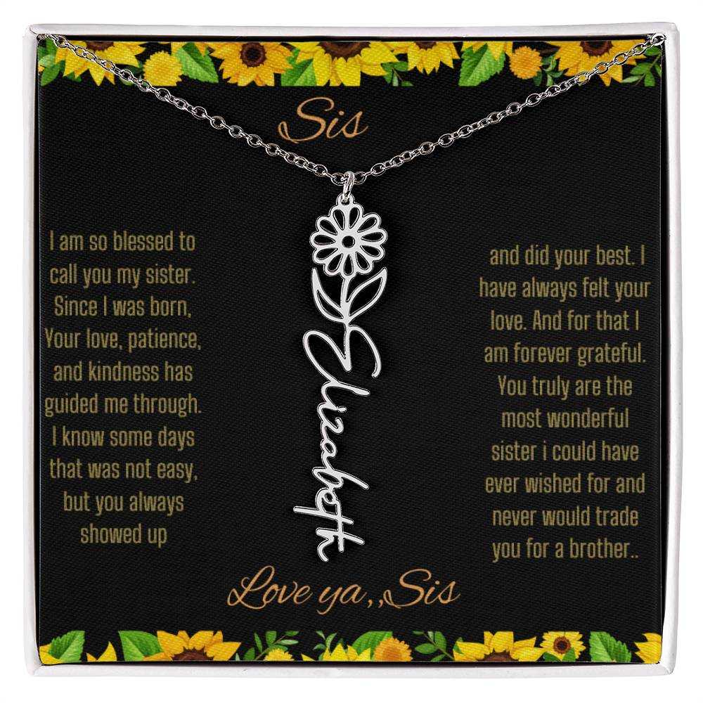 Birth Flower Name Necklace with a polished stainless-steel variant of a flower on a To Sis from Sis message card up close