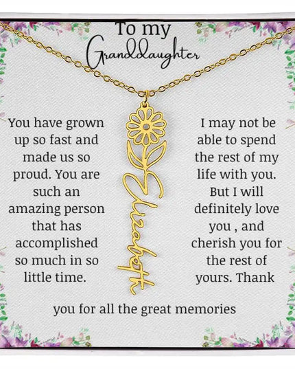 a yellow gold finish April birth flower name necklace.