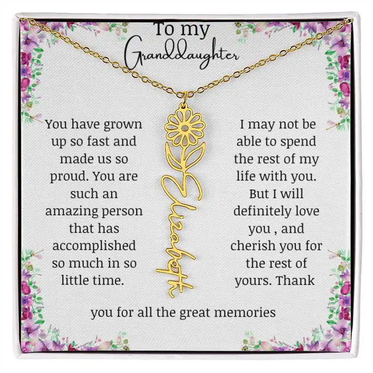 a yellow gold finish April birth flower name necklace.