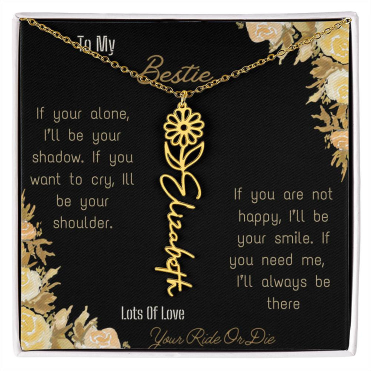 birth flower name necklace with greeting card to bestie in two tone box in yellow gold