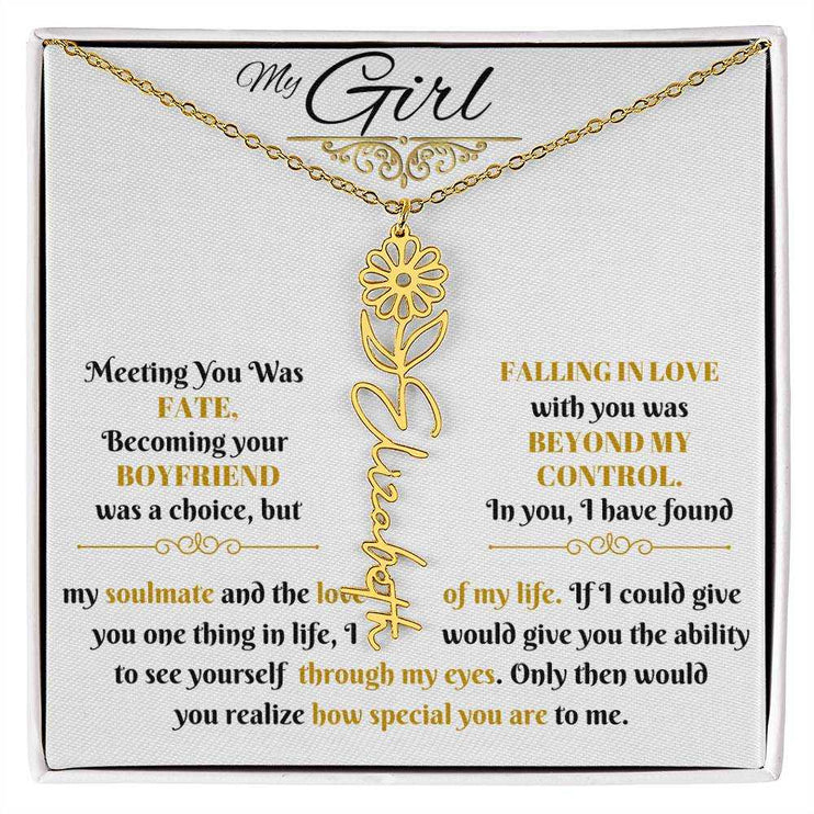 gold flower name necklace in soft box