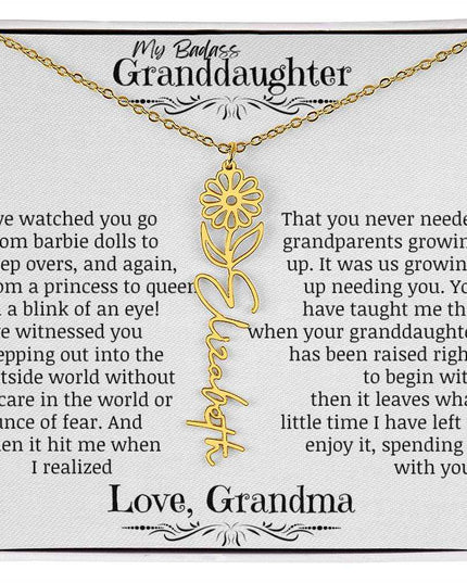 a yellow gold flower name necklace for April.