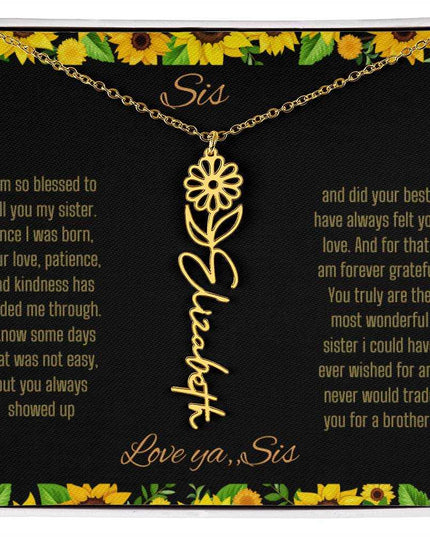 Birth Flower Name Necklace with a yellow gold variant of a flower on a To Sis from Sis message card up close