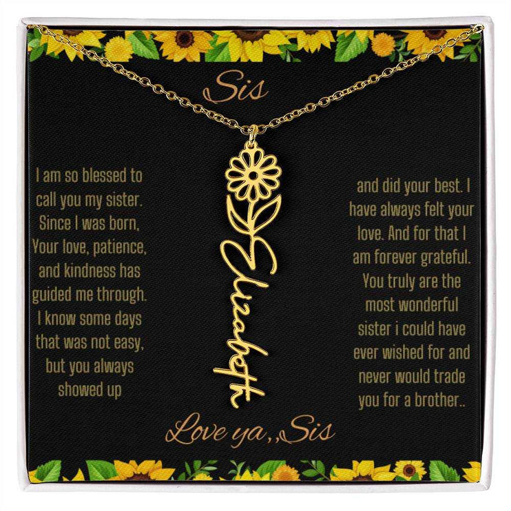 Birth Flower Name Necklace with a yellow gold variant of a flower on a To Sis from Sis message card up close