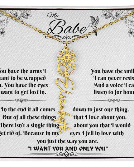 gold flower name necklace in soft box