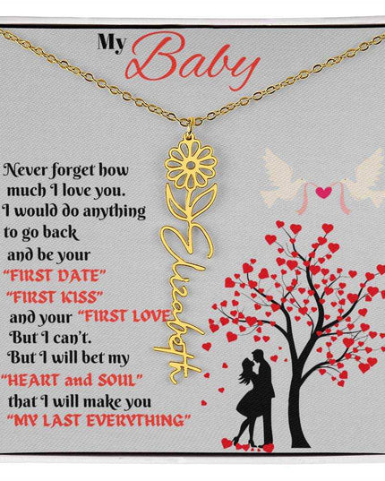 gold flower name necklace in soft box