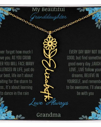 Birth Flower Name Necklace on a to granddaughter from grandma greeting card close up of a