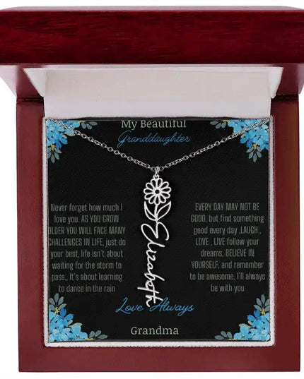 Birth Flower Name Necklace on a to granddaughter from grandma greeting card close up of a