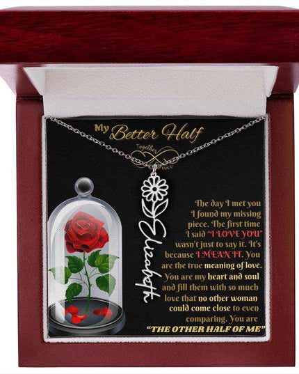 polished stainless steel flower name necklace in luxury box