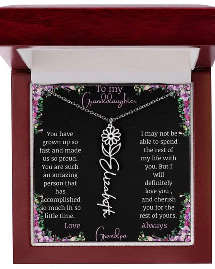 Birth Flower Name Necklace with a to granddaughter from grandpa greeting card and a flower charm.