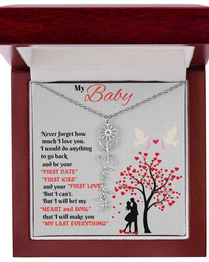 polished stainless-steel flower name necklace in luxury box