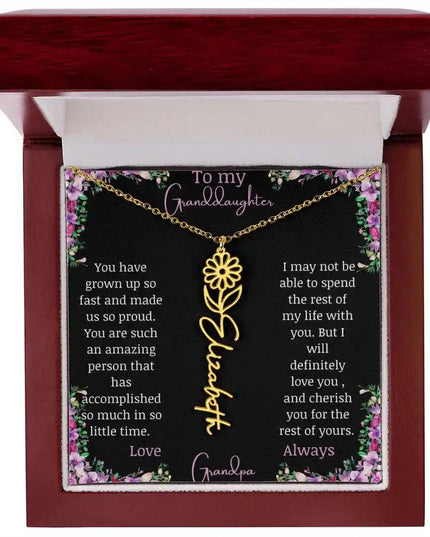 Birth Flower Name Necklace with a to granddaughter from grandpa greeting card and a flower charm.