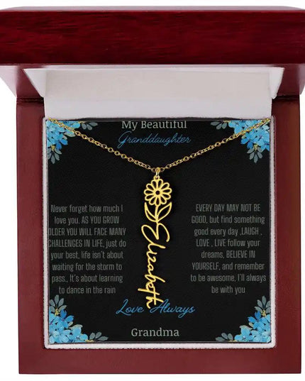Birth Flower Name Necklace on a to granddaughter from grandma greeting card close up of a