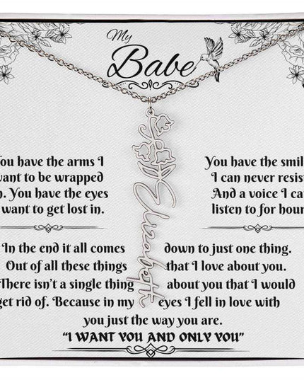 polished stainless-steel flower name necklace in soft box