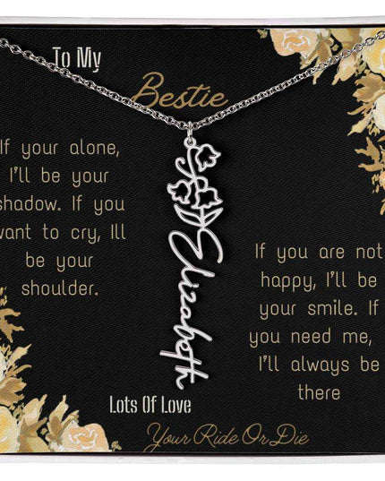 birth flower name necklace with greeting card to bestie in two tone box in polished stainless steel