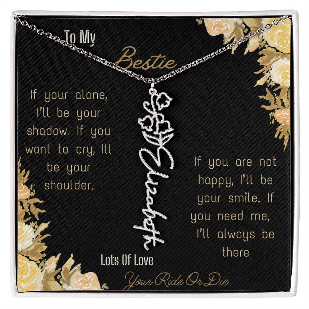 birth flower name necklace with greeting card to bestie in two tone box in polished stainless steel