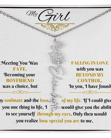 polished stainless-steel flower name necklace in soft box