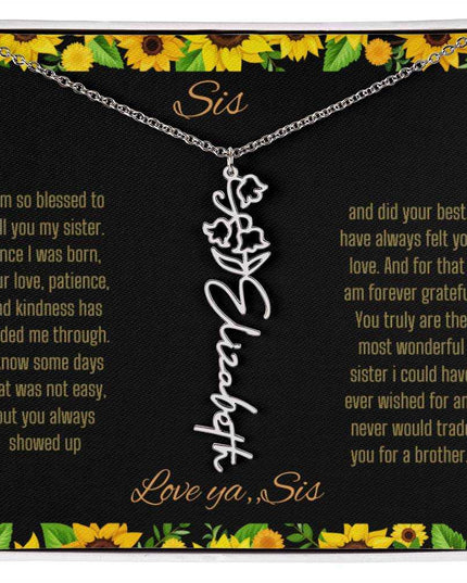 Birth Flower Name Necklace with a polished stainless-steel variant of a flower on a To Sis from Sis message card up close