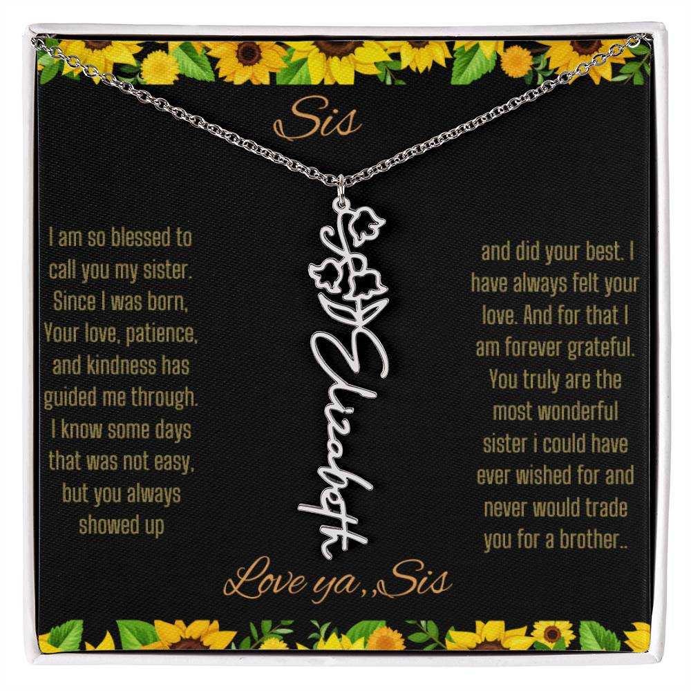 Birth Flower Name Necklace with a polished stainless-steel variant of a flower on a To Sis from Sis message card up close