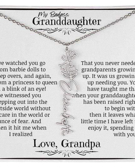 a polished stainless-steel flower name necklace.