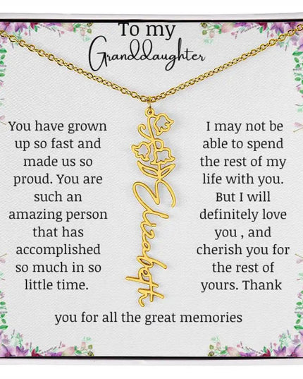a yellow gold finish May birth flower name necklace.