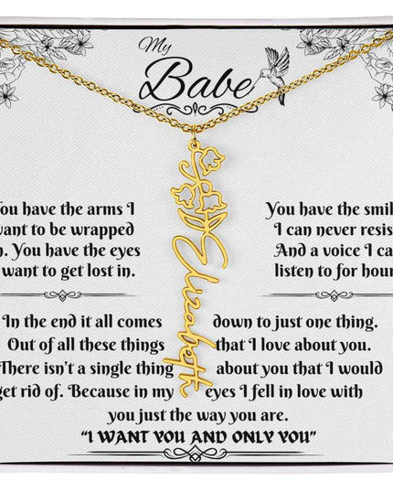 gold flower name necklace in soft box