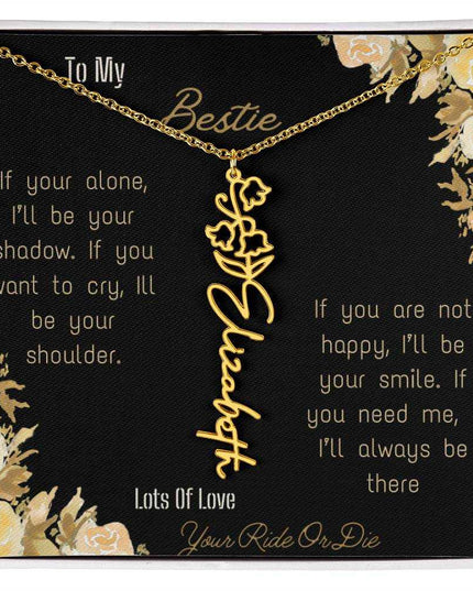 birth flower name necklace with greeting card to bestie in two tone box in yellow gold